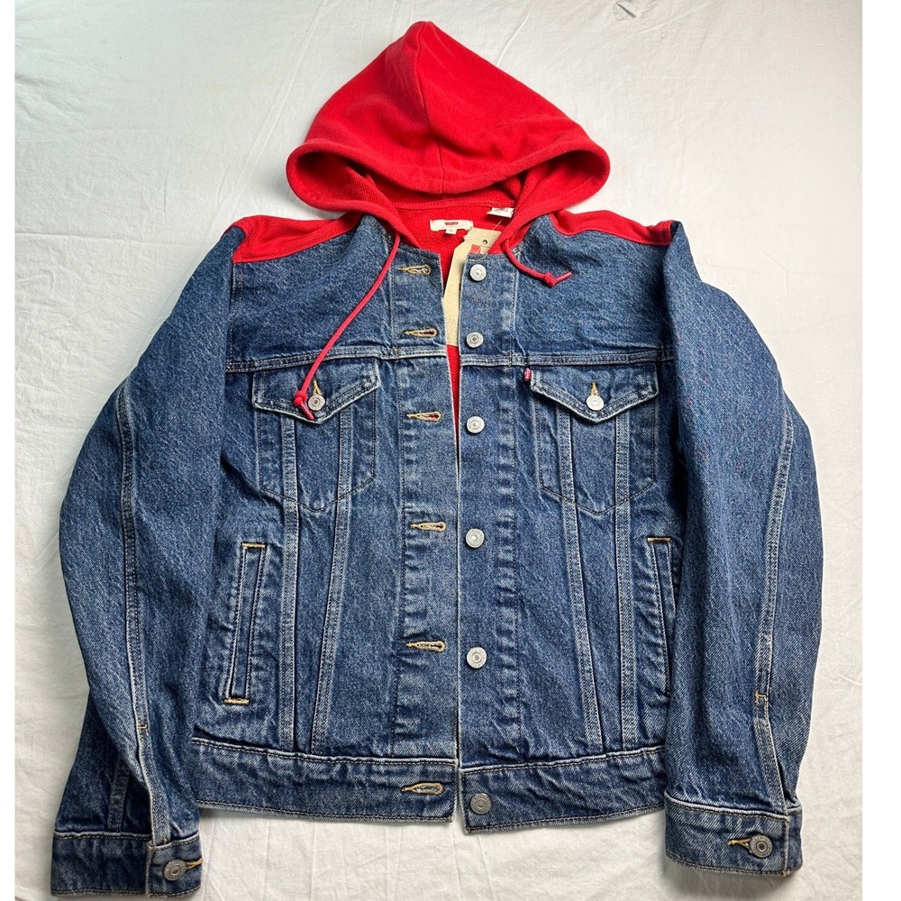 Levis Mens Denim Trucker Jacket Red Fleece Hooded Hybrid Medium Wash Blue M NEW